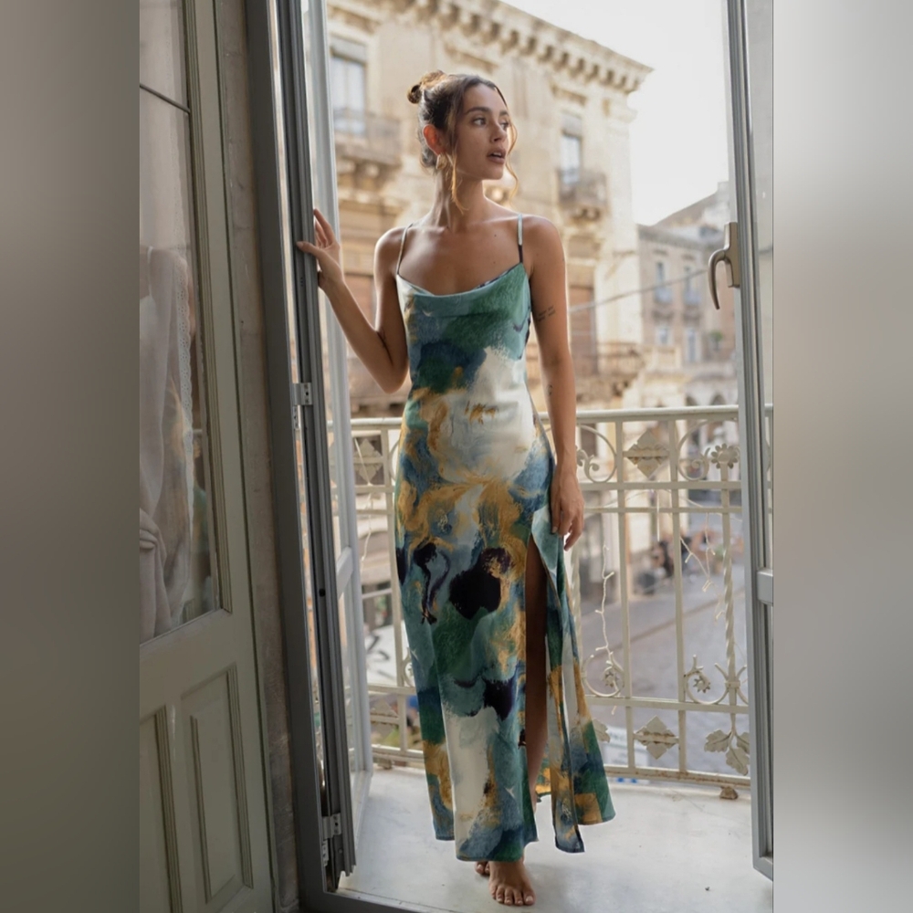 Elegant Artistic Maxi Dress in Green and Blue